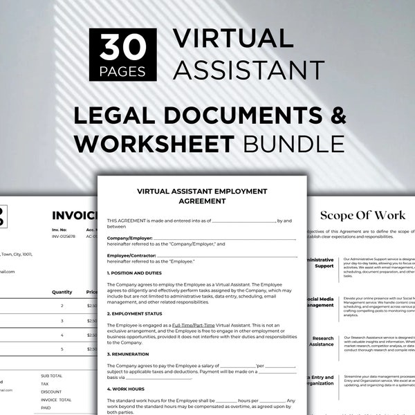 Virtual Assistant Agreement Legal Documents And Worksheet Template Bundle VA Freelancing Personal Assistant Client Contract Agreement