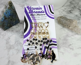 Dragon & Crow Stitch Markers: Gold Crochet Accessories, Gemstone Beads, 5-Pack