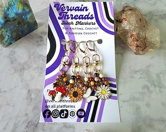Mushroom & Flower Crochet Stitch Markers: Gold Plated, Gemstone Beads, Set of 4