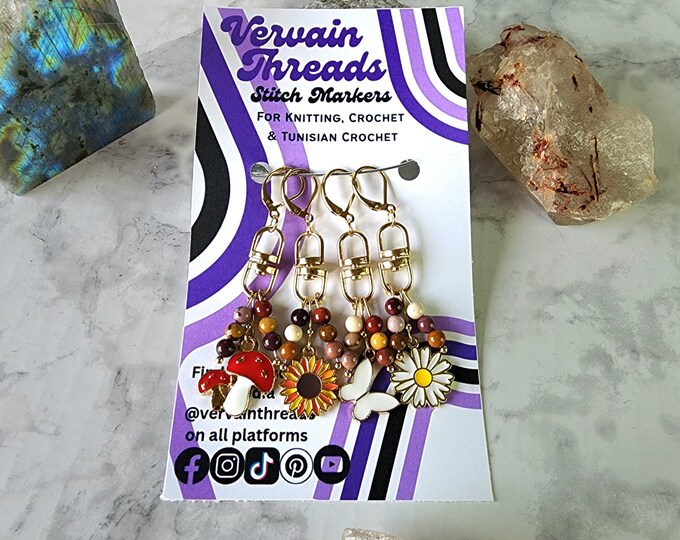 Mushroom & Flower Crochet Stitch Markers: Gold Plated, Gemstone Beads, Set of 4