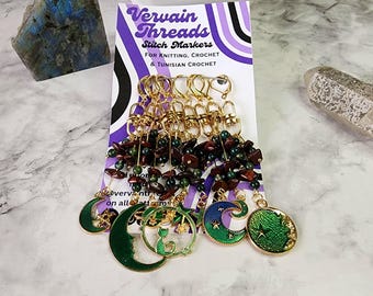 Moons & Stars Stitch Markers: Moss Agate Stone Beads, Knitting Crochet, 9-Pack