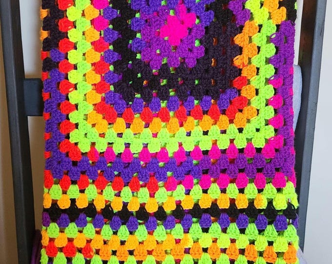 Granny Stitch Crochet Throw Blanket: Blacklight Reactive Acrylic Yarn