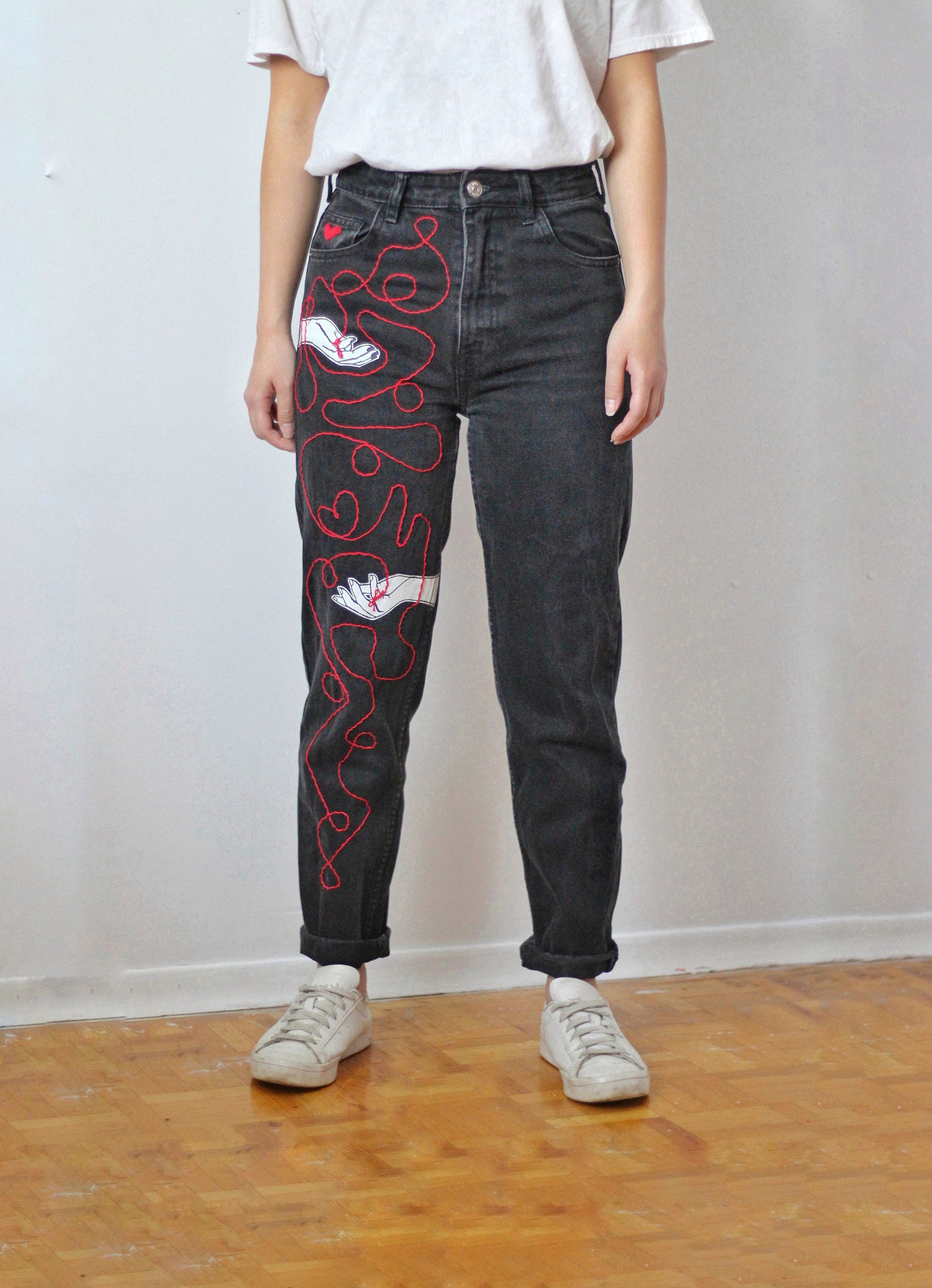 Hand embroidered black denim jeans | Etsy