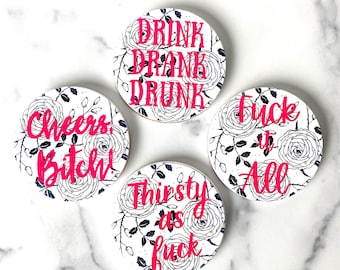 snarky coasters set of 4, funny housewarming gift, badass woman gift, home bar accessories, ceramic coaster set, galentines day gift for