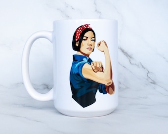 Asian Rosie the Riveter inspirational mug for women, dorm room gifts for college girls, Asian women empowerment gifts, back to school gift