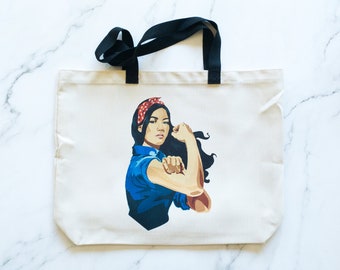 Asian Rosie the Riveter inspirational tote bag for women, Asian woman empowerment gift for best friend birthday, college send off gift