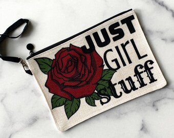 just girl stuff funny period bag for tweens, womens wristlet pouch, tampon storage  bag with zipper, funny galentines day gift for daughter