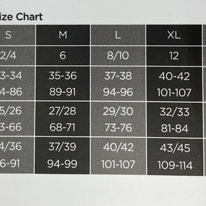 May include: Women's clothing size chart with measurements in inches and centimeters. The chart includes sizes from small to 3XL and lists bust, waist, and hip measurements.