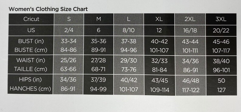 May include: Women's clothing size chart with measurements in inches and centimeters. The chart includes sizes from small to 3XL and lists bust, waist, and hip measurements.