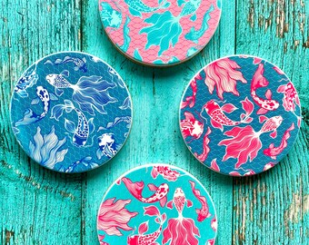 Koi Fish Coasters Set: Colorful Asian Decor, Ocean Theme (Set of 4)