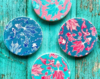 koi coasters set of 4, koi fish gifts for women, ocean theme kitchen, ocean lover gift for housewarming, Asian decor, colorful coasters