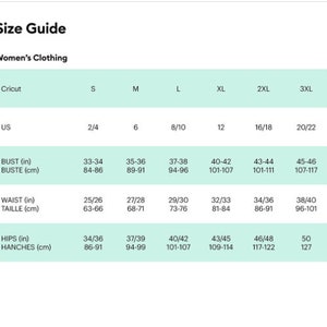 May include: Size guide chart for women's clothing with measurements in inches and centimeters. The chart shows sizes from small to 3XL, with corresponding US sizes, bust, waist, and hip measurements.