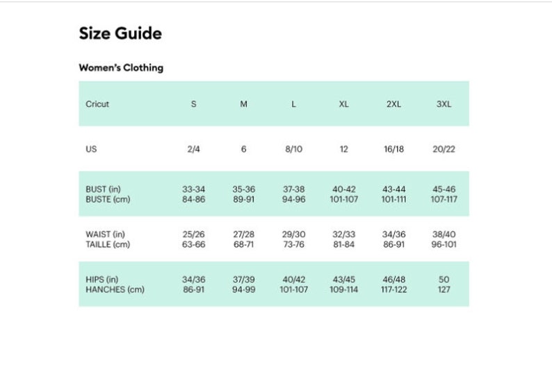 May include: Size guide chart for women's clothing with measurements in inches and centimeters. The chart shows sizes from small to 3XL, with corresponding US sizes, bust, waist, and hip measurements.
