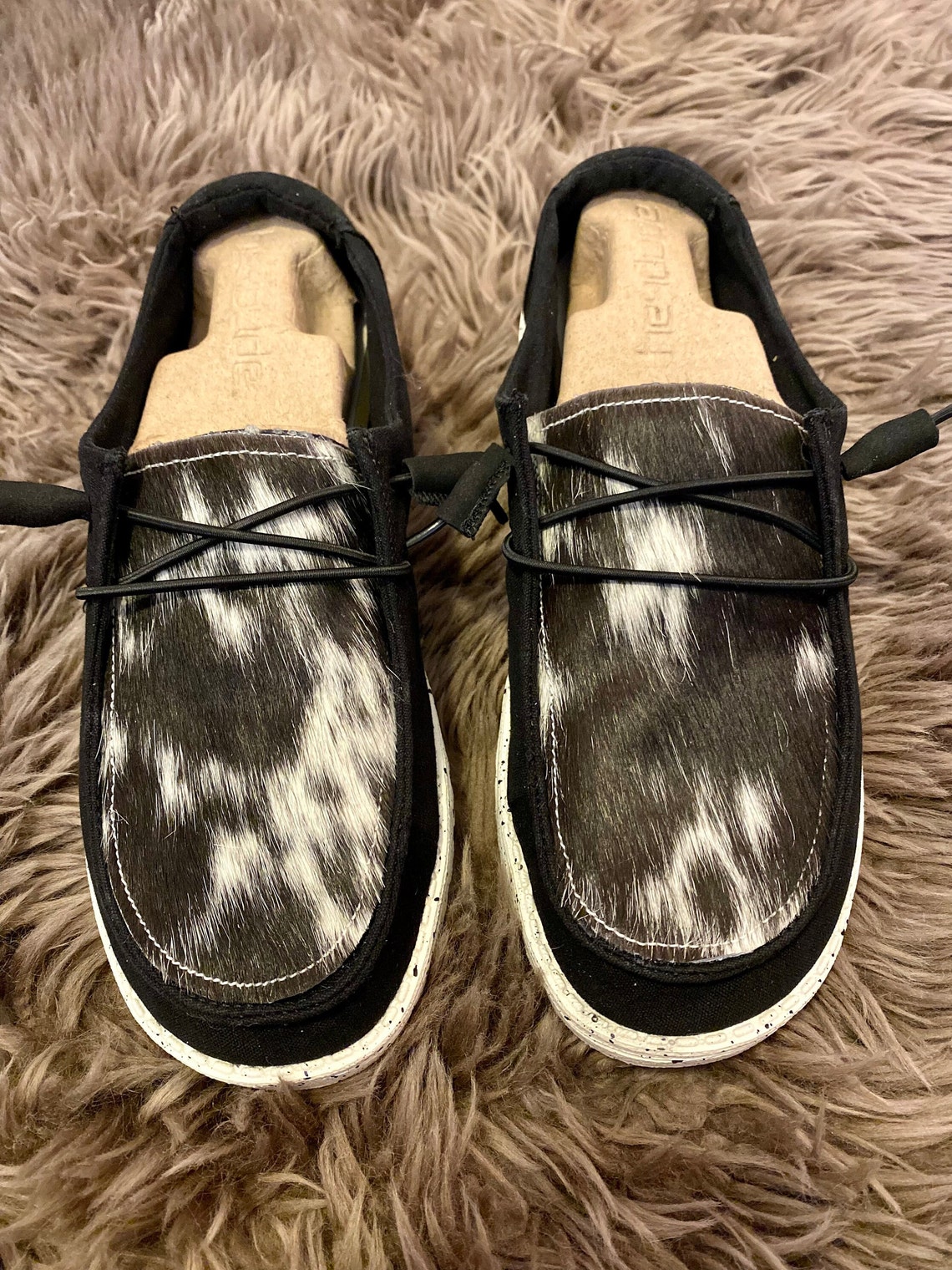 Custom Cowhide Hey Dude Shoes Black and White Etsy