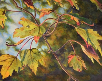 Original Watercolor Painting Yellow Green Leaves Nature Landscape Colorful Painting by Holly Sturt