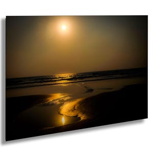 Golden Sunset Reflections on a Tranquil Seashore – Coastal Wall Art Photo Print, Coastal Nature Decor, Dreamy Evening Reflection