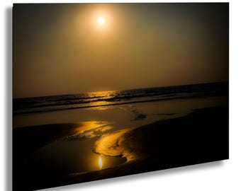Golden Sunset Reflections on a Tranquil Seashore – Coastal Wall Art Photo Print, Coastal Nature Decor, Dreamy Evening Reflection