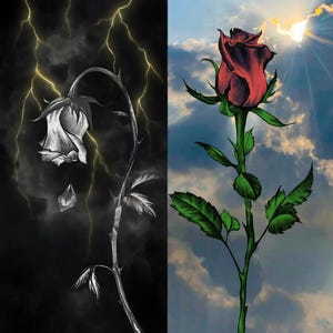 May include: A split image featuring a rose in two contrasting states. On the left, a black and white illustration of a wilting rose under a stormy sky with lightning. On the right, a vibrant red rose in full bloom against a sunny, cloudy sky.