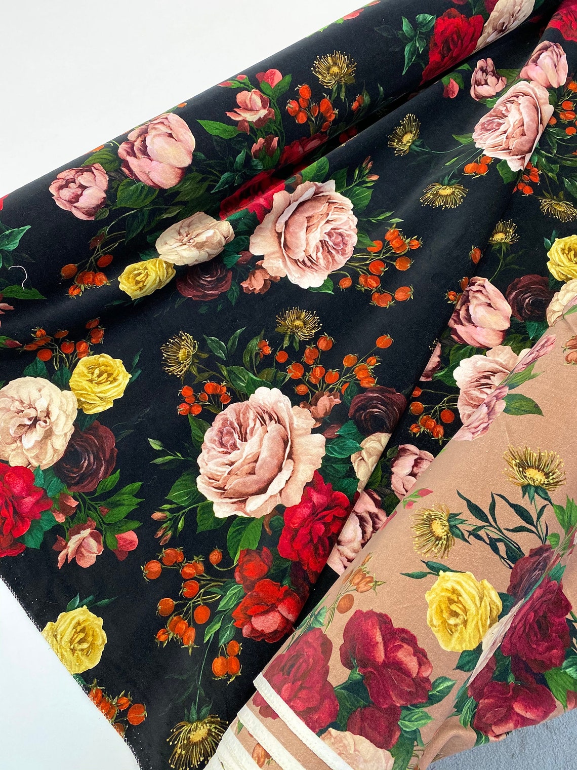 Cotton velvet fabric by the yard with roses print floral Etsy