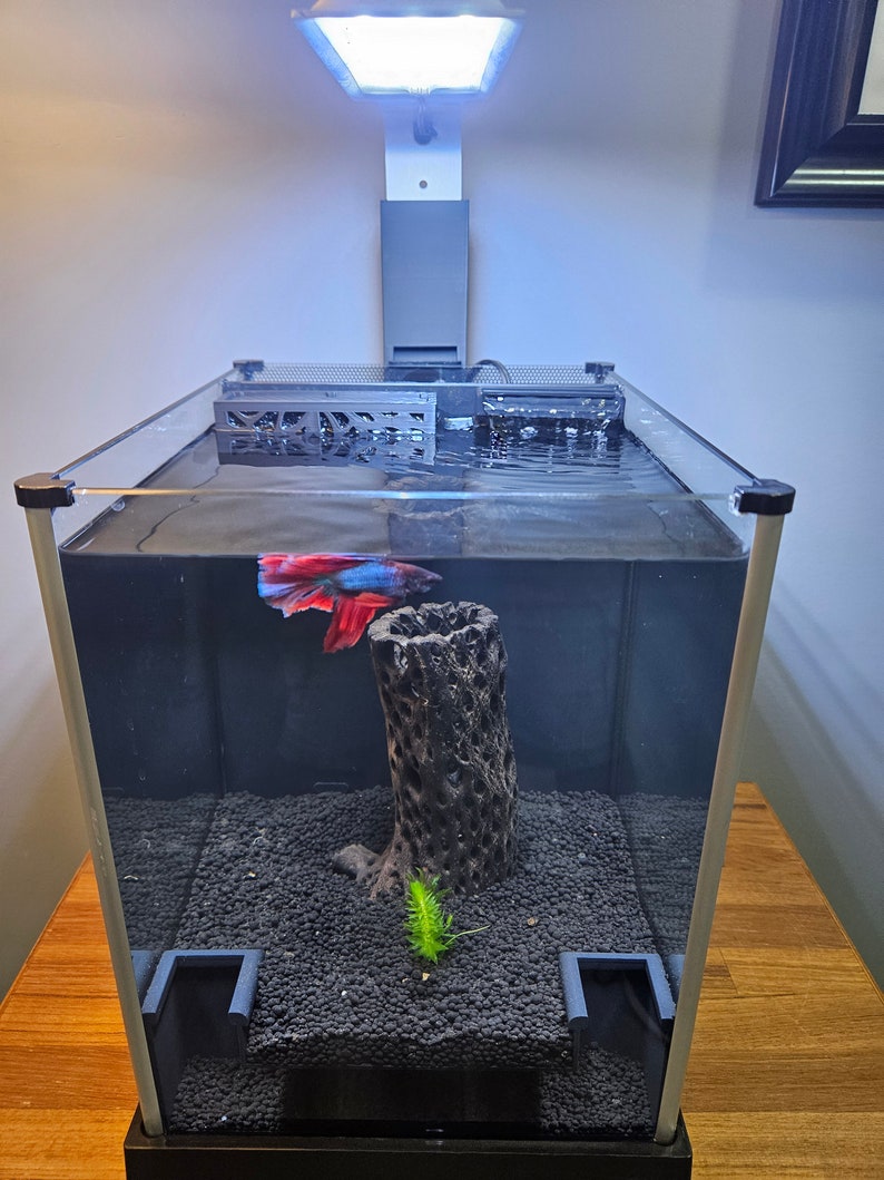 The Fluval III shown with Water Werks pre-filter, light riser and water control valve and waterfall outlet.