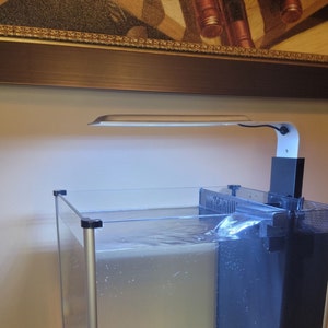 May include: A clear glass fish tank with a black filter system and a silver light fixture. The tank is filled with water and has a black background.