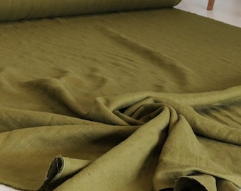 Tessuto di lino verde militare tagliato su misura. Tessuto di lino al metro. Tessuto di peso medio, morbido, per cucire. Tessuto di lino verde per abiti.