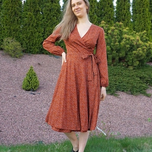 Long sleeve cocktail dress. Flowing soft viscose dress with belt and pockets. Plus size tea dress. Formal organic wrap dress. Office wear. image 1