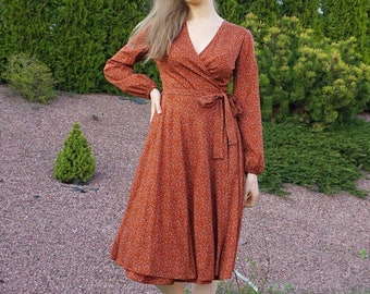 Long sleeve cocktail dress. Flowing soft viscose dress with belt and pockets.  Plus size tea dress. Formal organic wrap dress. Office wear.