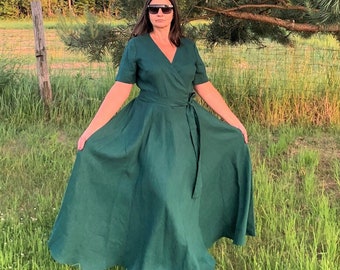 Mother of the bride elegant linen dress. Mother of the groom long wrap dress. Linen wedding guest dress. Emerald green dress. Plius Size 5XL
