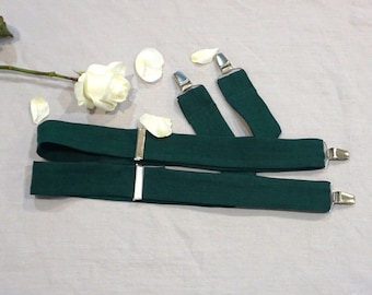 Tirantes de lino verde oscuro con clip: accesorio de boda unisex hecho a mano