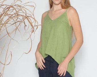 Ready to ship. Asymmetrical linen slip top. Spaghetti strap top. A line linen camisole. Sleeveless linen blouse. Linen tank top for women.