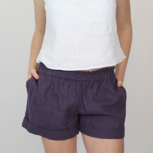 Minimalist linen shorts with pockets. Plum purple linen shorts for women. Stylish, comfy, classic Linen summer shorts with elastic waist.