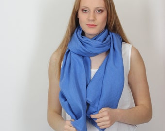 Linen Scarf in Cornflower Blue. Linen Shawl women and men. Bandana scarf. Large or Small Hair Scarf. Square Head Scarf for Summer.