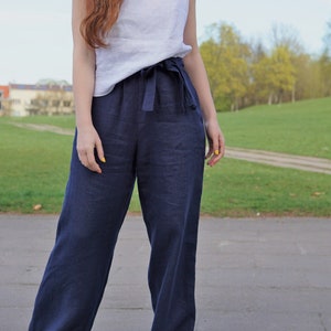 Wide legs linen pants with pockets. Casual loose linen pants with elastic waist and belt. Classic linen trousers. High waisted pants XXLsize