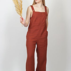 Linen jumpsuit for women in terracotta brown. Wide legs summer jumpsuit with pockets and waist ties. Handmade linen overall, front pocket. image 2