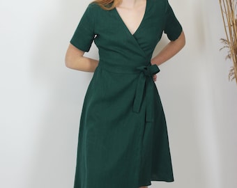 Green wedding guest dress. Linen elegant wrap dress. Minimalist Party dress. Summer midi dress. Romantic A-line cocktail dress. Tea dress.