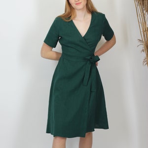 Green wedding guest dress. Linen elegant wrap dress. Minimalist Party dress. Summer midi dress. Romantic A-line cocktail dress. Tea dress.