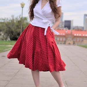 Full circle linen skirt. A line skater linen skirt below the knee length. Red polka dot flared linen skirt. Plus size Linen summer skirt. image 3