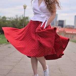 Full circle linen skirt. A line skater linen skirt below the knee length. Red polka dot flared linen skirt. Plus size Linen summer skirt. image 1