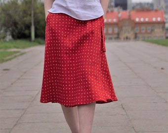 Wrap linen skirt with pockets. Elegant comfy summer linen skirt. Plus size midi skirt. Bohemian style polka dot skirt. Women linen clothing.