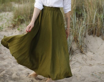 Flared linen skirt with pockets. Military green skirt below the knee length. Midi linen skirt with suspenders. Boho long skirt elastic waist