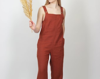 Ready to ship. Linen jumpsuit for women in terracotta brown. Wide legs summer jumpsuit with pockets and waist ties. Handmade linen overall.