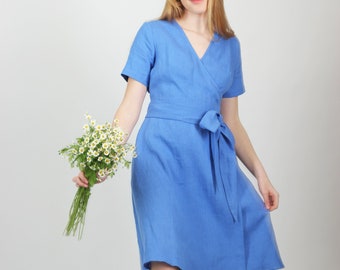 Blue wedding guest dress. Cornflower blue midi linen wrap dress. Elegant linen summer dress with pockets. Elegant graduation dress.Tea dress