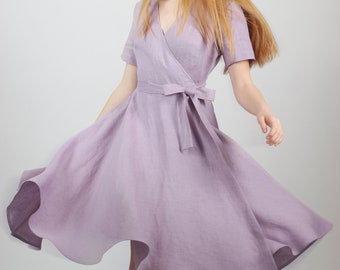 Midi linen wrap dress. Mother of the bride dress. Bridesmaid dress. Wedding guest dress. Cocktail dress. Romantic dress. Tea dress.