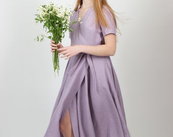 Wedding guest dress. Mother of bride dress. Midi linen wrap dress. Bridesmaid dress. Cocktail dress. Romantic lilac dress. Plus Size 3XL.