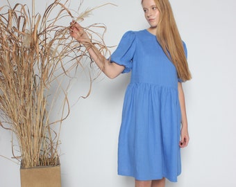 Puff sleeve linen dress. Cornflower blue linen dress. Blue midi linen dress. Cozyblue linen dress. Gathered casual linen dress.