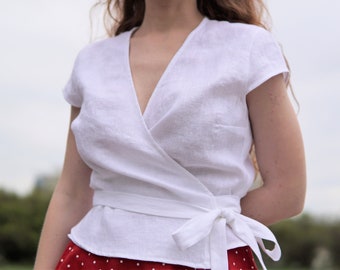 White linen wrap top. V neck linen elegant blouse. Summer linen shirt with short sleeves. White office blouse. Plus size linen clothihg.