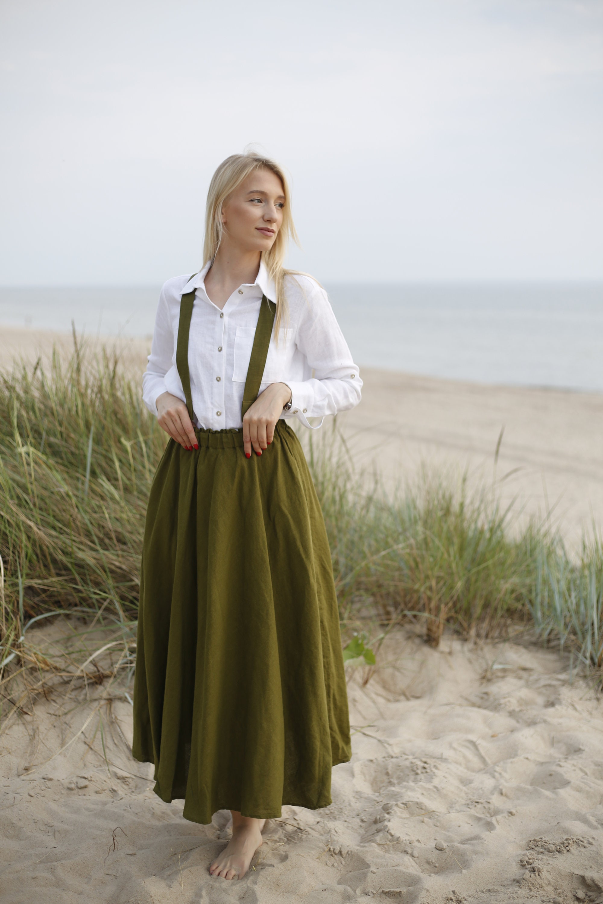 スカート GronudY FIBRIL TWILL SUSPENDER SKIRT Linen Skirt With Suspenders. Long Skirt With Pockets. Below the