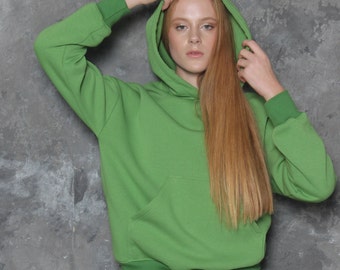 Bright green cotton jersey hoodie. Hooded sweatshirt for women. Comfy, trendy loungewear for ladies. Long sleeved tracksuit top with pockets