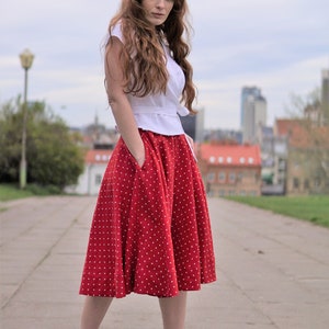 Full circle linen skirt. A line skater linen skirt below the knee length. Red polka dot flared linen skirt. Plus size Linen summer skirt. image 4